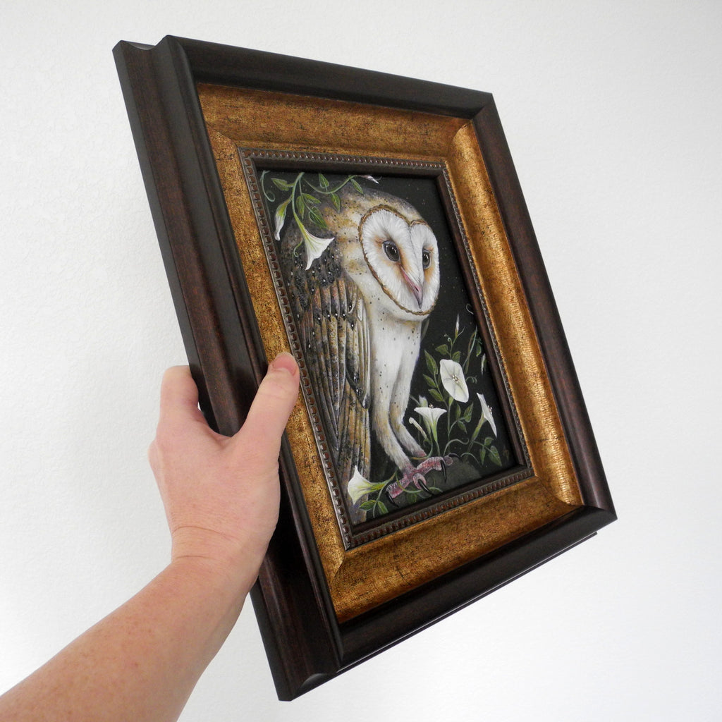 Barn Owl realistic wildlife art, embellished original framed