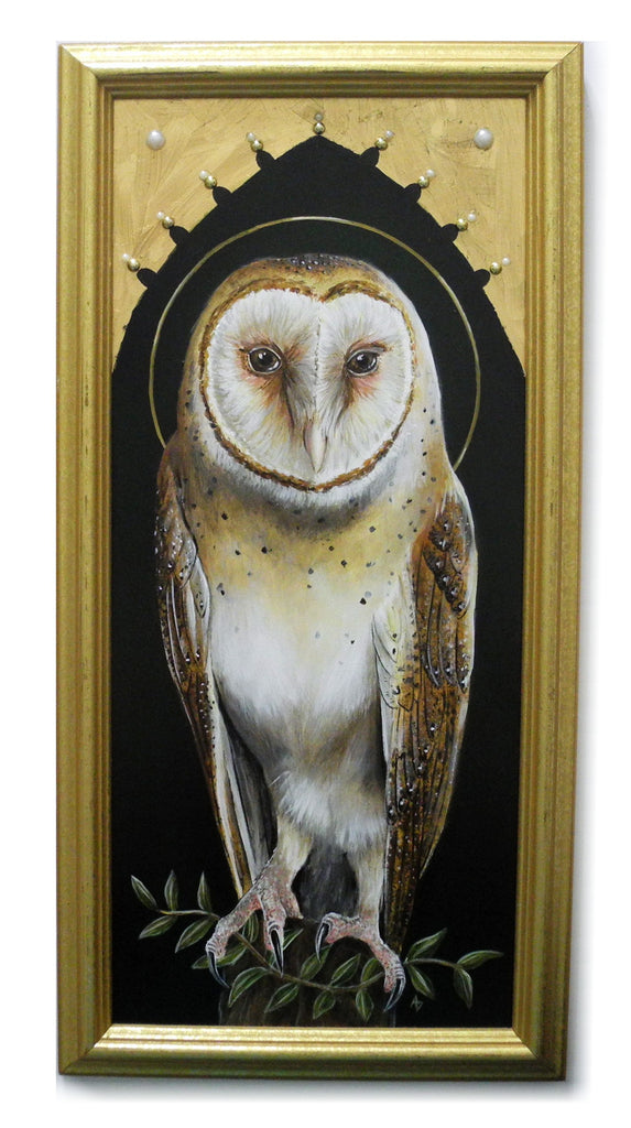 barn owl painting with gold leaf archway