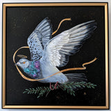 flying pigeon of peace painting with olive branch and halo